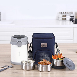 Bộ Hộp Cơm Giữ Nhiệt Lock&Lock Easy Carry 2L màu trắng LHC8039WHT Có Túi (1 Hộp 720ml, 2 Hộp 420ml Kèm 1 Bộ Muỗng Và Nĩa), Hàng chính hãng - JoyMall