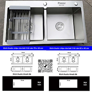 Chậu rửa bát chén inox 304 Pimisi đúc 2 hố cân, kích thước bồn rửa chén 78 x 43 - 82 x 45 cm làm từ thép không gỉ sus 304 đầy đủ xi phông loại to và kèm rổ đựng đồ dùng để rửa chén bát gắn được cả âm - dương bàn đá bếp | Hàng chính hãng