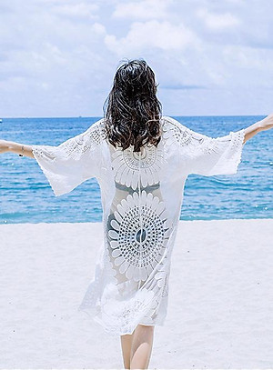 Áo choàng ren đi biển dáng dài, họa tiết hoa hướng dương sang trọng | AR017