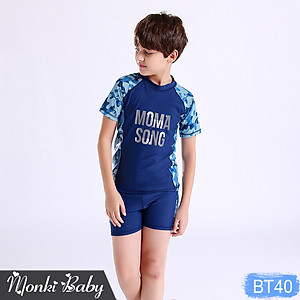 Đồ bơi cho bé trai vừa và lớn size đại đến 55kg, mẫu thun bơi cao cấp, dáng áo cộc tay quần sooc đùi thể thao, có kèm mũ | BT40