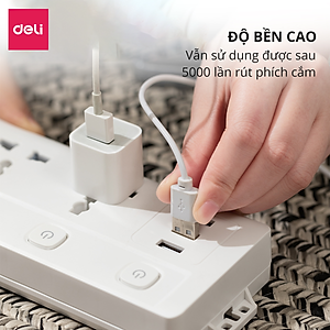 Ổ Cắm Điện Đa Năng Kèm Cổng USB Có Công Tắc Tải 2500W Nắp Chống Giật Chống Cháy Chất Lượng Cao Deli - Dây 2M/3M/5M - ET401 411
