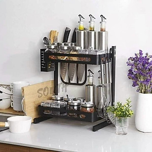 Kệ Gia Vị Thép Đen Đa Năng 2 Tầng Có Ống Cắm Đũa Và Giá Để Thớt - Kệ Gia Vị Nhà Bếp Đa Năng Tiện Gọn Chất Liệu Cao Cấp Chống Han Gỉ - Hàng Chính Hãng MINIIN