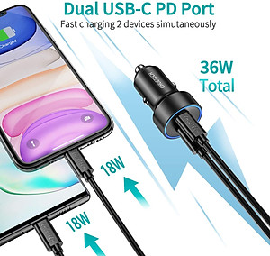 Củ Sạc Điện Thoại Ô Tô 40W 2 Cổng Type C Tối Đa 20W CHOETECH C0054 - Hàng Chính Hãng