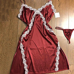 Q92 Váy ngủ lụa hai dây phối ren chéo ngực vạt xẻ tà gợi cảm  - Đầm ngủ lụa hai dây sexy - Đồ ngủ nữ quyến rũ - Đồ ngủ mạc nhà