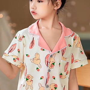 Bộ Pijama cộc tay hình thỏ dâu tây xuất Hàn bé gái 2-14 tuổi