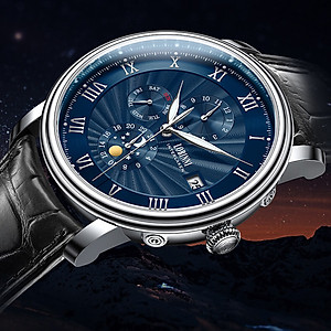 Đồng hồ nam chính hãng LOBINNI Ref.1023-3 (Phiên bản đặc biệt Limited) Kính sapphire nguyên khối ,chống xước,chống nước 50m,mặt xanh navy vỏ trắng dây da nâu( đen) xịn, thép không gỉ 316L,Đồng hồ cơ (Automatic),BH 24 tháng,thiết kế sun and moon sang trọng