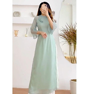 Áo Dài Cách Tân Đính Hoa Ngực Thiết Kế Chính Hãng Nguyễn Phan, Áo Dài Nữ 4 Tà Tay Loe Nữ Tính