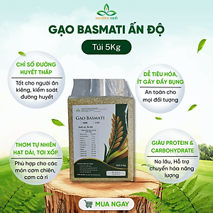 Gạo Basmati India (Ấn Độ) 1121, chỉ số đường huyết (GI) thấp, tốt cho người bị tiểu đường, Túi 5kg