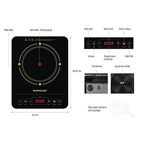 Bếp hồng ngoại cảm ứng Sunhouse SHD6014, Công suất 2000W, Tặng kèm vỉ nướng, Hàng chính hãng - Bảo hành 12 tháng