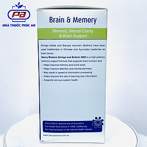 Viên uống bổ não, tăng cường trí nhớ Ginkgo and Brahmi 3000 Henry Blooms 30 - 60 viên