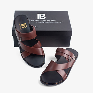 Dép nam quai ngang da bò Nappa cao cấp Bụi Leather E102, đế đúc nguyên khối khâu viền thủ công đi êm chân