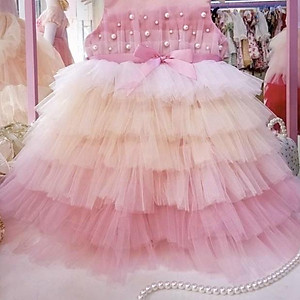 Váy công chúa bé gái 2-7 tuổi sát nách phối ren nhiều tầng kèm bờm, Đầm dự tiệc cho bé cao cấp điệu đà đáng yêu