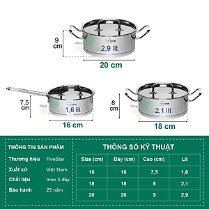 Bộ nồi quánh inox Fivestar 3 đáy từ nắp inox 3 món