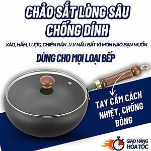 Chảo Sắt Lòng Sâu Chống Dính Phù Hợp Với Loại Bếp, Tay Cầm Cách Nhiệt Chống Bỏng, Chảo Nấu Ăn Tiện Lợi - HÀNG CHÍNH HÃNG MINIIN