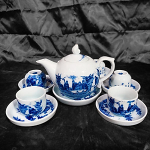 Bộ ấm chén men lam số 1 cỡ lớn gốm sứ Bát Tràng (bộ bình uống trà, bộ bình trà)