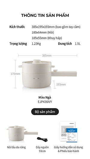 Nồi điện đa năng Locknlock Electric multi pot EJP436IVY 220V, 50Hz, 600W, 1.5L- Màu ngà - Hàng chính hãng