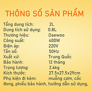 Nồi cơm điện đa chức năng Daewoo DWRC-Y201 1L lòng nồi phủ Ceramic, với 7 chế độ nấu -Hàng chính hãng