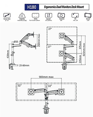 Giá treo 2 màn hình máy tính NB-H180 (Hàng Nhập Khẩu)