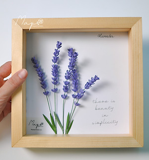 Tranh Hoa Giấy Handmade Trang Trí - Hoa Oải Hương MAYPAPERFLOWER Khung Gỗ Size 19x19cm