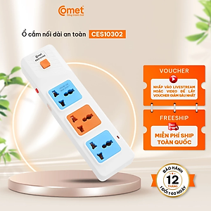Ổ Cắm Điện Nối Dài COMET CES10302 2500W Dài 2m, 3 lỗ 3 chấu, có cầu chì bảo vệ