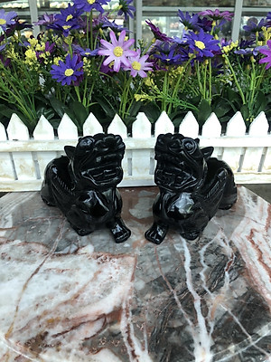 Cặp Tỳ Hưu phong thủy đá thạch anh đen - Dài 13 cm