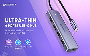 Bộ chuyển đổi USB Type-C sang Hub USB 3.0 4 cổng hỗ trợ cổng nguồn Micro USB 5V UGREEN CM164 70336 - Hàng chính hãng