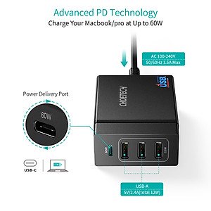 Cóc củ sạc nhanh 72W 3 cổng USB & 1 cổng PD Type-C 3.0 hiệu CHOETECH 1C3UEU-101BK cho điện thoại / máy tính bảng / Macbook / Laptop - Hàng chính hãng