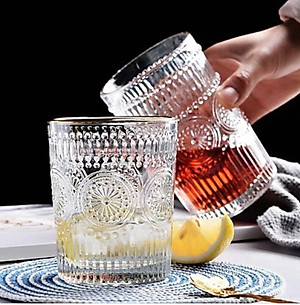 BỘ 6 CỐC THỦY TINH CHỊU NHIỆT CAO CẤP  UỐNG NƯỚC HOA VĂN TRỐNG ĐỒNG DẬP NỔI - ANTH674
