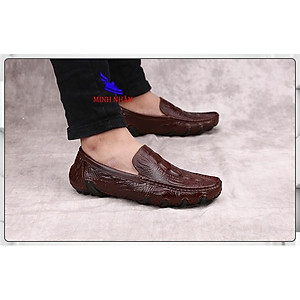 Giày mọi nam da bò nguyên tấm BẢO HÀNH 1 NĂM Giày lười nam hàng hiệu đẹp da bò giá rẻ dập Vân cá sấu M-8 màu nâu