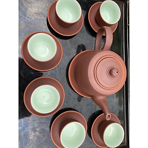 Ấm Chén Trà Tử Sa Bát Tràng Búp Sen Nâu Chỉ Đỏ