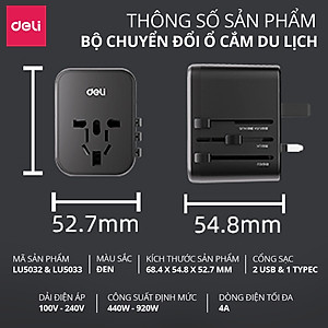 Ổ Cắm Chuyển Đổi Du Lịch Deli Sạc Nhanh 70W Củ Sạc Đa Năng DELI 4 Loại Chân Cắm Chuyển Đổi Dòng Điện
