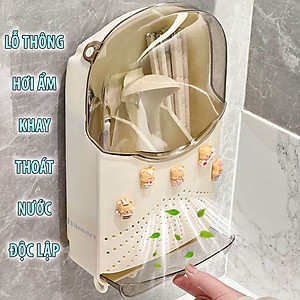 Hộp Đựng Đũa Thìa Treo Tường Có Nắp Đậy Khay Thoát Nước 3 Móc Nhựa Treo Đồ Kèm Miếng Dán Siêu Dính