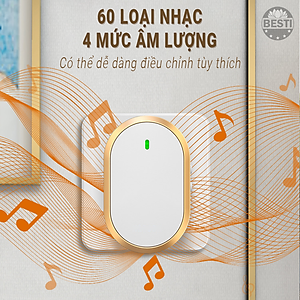 Chuông Cửa Không Dây Thông Minh Besti YBT01 (1 Nút Bấm, 1 Chuông ), Chống Nước, Khoảng Cách Sử Dụng Hiệu Quả 300M, 60 Loại Nhạc Chuông, 4 Mức Điều Chỉnh Âm Lượng - Hàng Chính Hãng