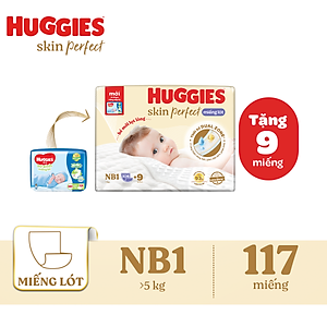 Miếng lót sơ sinh Huggies Skin Perfect NB1 108+6 miếng với 2 vùng thấm giảm kích ứng da