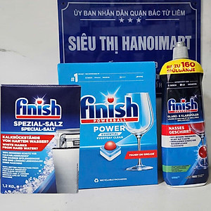 Viên rửa bát finish All in one 90 viên+Dung dịch nước làm bóng finish 750ml+Muối rửa bát chén finish 1.2kg cho Máy rửa bát