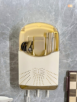 Hộp Đựng Đũa Thìa Treo Tường Có Nắp Đậy Khay Thoát Nước 3 Móc Nhựa Treo Đồ Kèm Miếng Dán Siêu Dính