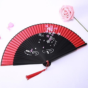 Quạt múa cổ trang dây tuyến viền đỏ cầm tay quà tặng xinh xắn cosplay phong cách tết