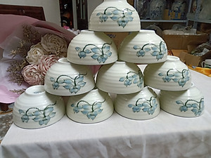 bộ 10 bát ăn cơm men kem vẽ sen Bát Tràng