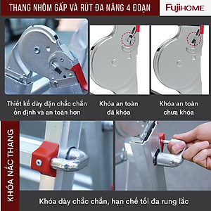 Thang nhôm trượt đa năng FUJIHOME ML44, thang gấp rút 4 đoạn cao chữ A 2m, chữ I 4 m linh hoạt 5 kích thước-Hàng chính hãng