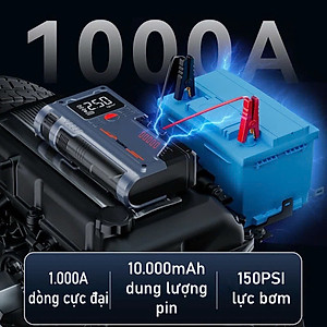Bộ Kích Bình Ắc Quy 12V 1000A Kiêm Bơm Lốp Xe 150Psi 10000 mAh Dùng Cho Xe 4C Đến 7C