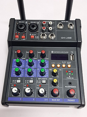 Bàn trộn Mixer G4 USB – Chuyên dùng livestream, karaoke gia đình – Có màn hình led – Kèm 2 micro không dây – Dùng được cho loa kéo, loa ô tô, dàn karaoke gia đình, livestream, thu âm - Tích hợp nguồn 5V và 48V cho micro thu âm - Hàng chính hãng