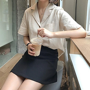 Áo sơ mi nữ thô đũi viền cổ, áo kiểu nữ cộc tay cổ vest viền chỉ freesize s21