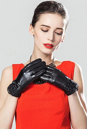 Bao tay nữ YAOYAO BHY5122 Găng tay nữ da cừu phối ren, nữ tính, găng tay cảm ứng. Hàng chính hãng