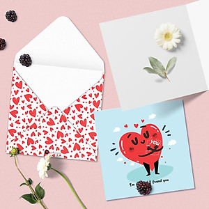Set 5 thiệp tình yêu Valentine SDstationery Love Hearts, minh họa cặp đôi trái tim dễ thương vui nhộn, khổ vuông 12x12cm