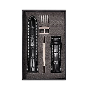 Dây Đeo đồng hồ Da Cá Sấu Đen Chỉ Trắng Size 19/20/21/22 - Dây Đeo Da Cá Sấu Thật 100% - Bảo Hành 12 Tháng