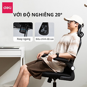 Ghế Xoay Văn Phòng Ngồi Làm Việc Công Thái Học Có Tựa Đầu Deli - Tay Gập Thông Minh, Có Ngả Lưng, Lưới Thoáng Khí, Chân Xoay Tiện Ích, Đệm Ghế Êm Aí - Phù Hợp Học Sinh, Văn Phòng, Game Thủ, Gaming - Hàng Chính Hãng