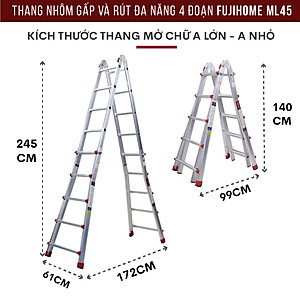Thang nhôm gấp trượt đa năng FUJIHOME ML45, thang gấp 4 đoạn cao chữ A 2,5M, chữ I 5M, 5 kích thước sử dụng khóa chốt tự động - Hàng chính hãng