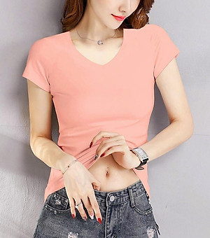 Áo thun nữ trơn cổ tim tay ngắn thun cotton 4 chiều form ôm body MXM ( ANU007 )