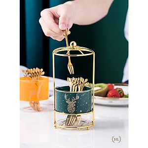 Set 6 Nĩa kèm Giỏ Sứ Bắc Âu Xanh Cổ Vịt Cao Cấp | Lẵng Sứ Xanh Cao Cấp kèm 6 nĩa inox cán sứ | Cốc Sứ Khung Ánh Sao