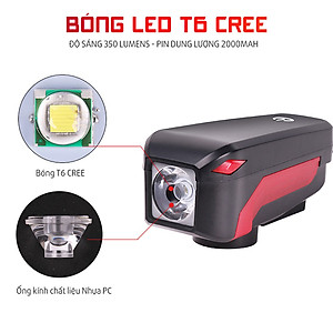 Đèn Xe Đạp Có Còi T6 350lumens (nút chạm cảm ứng) Pin 2000mAh Còi âm thanh lớn 140dB MaiLee